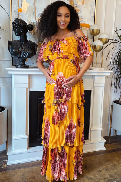 Yellow Bohemian Pleated Maxi Dress with ...